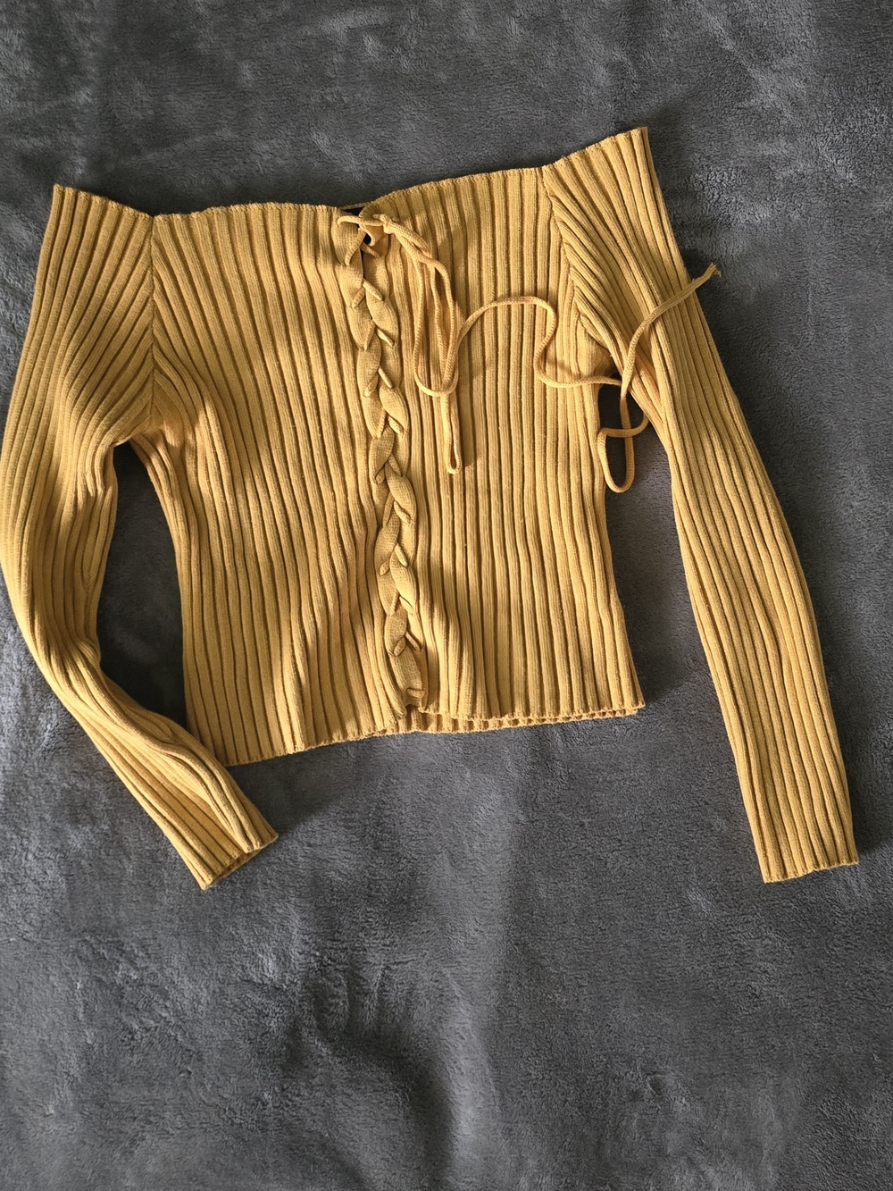 Timing Mustard Ribbed Off-Shoulder Lace-Up Top - Picture 2 of 5